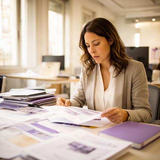 Editora jefe revisando pruebas en una redacción luminosa de Madrid