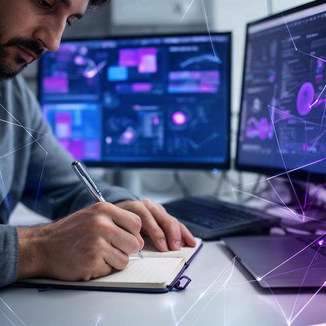 Periodista especializado en inteligencia artificial tomando notas junto a pantallas de datos