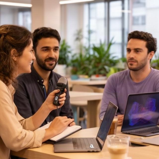 Periodista de startups entrevistando a fundadores en un espacio de trabajo compartido