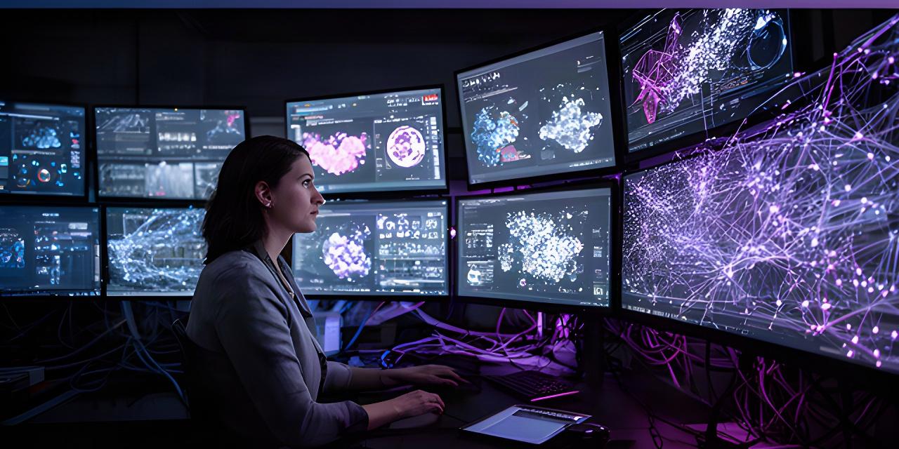 Sala de análisis con una investigadora observando redes de datos y modelos de inteligencia artificial en pantallas