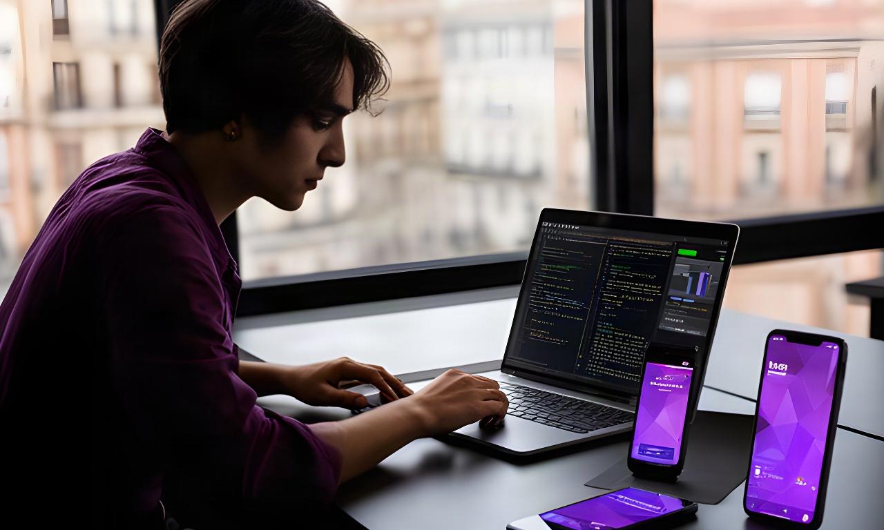 Desarrolladora revisando interfaces Android e iOS junto a un portátil con código en una oficina de Madrid