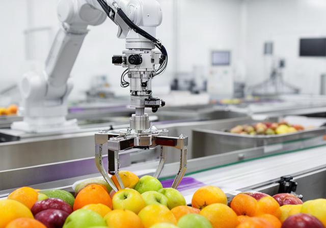Robot de precisión clasificando alimentos en una fábrica con iluminación blanca