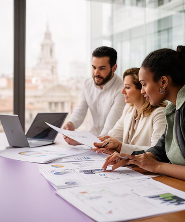 Equipo de innovación reunido en una oficina de Madrid revisando informes tecnológicos impresos